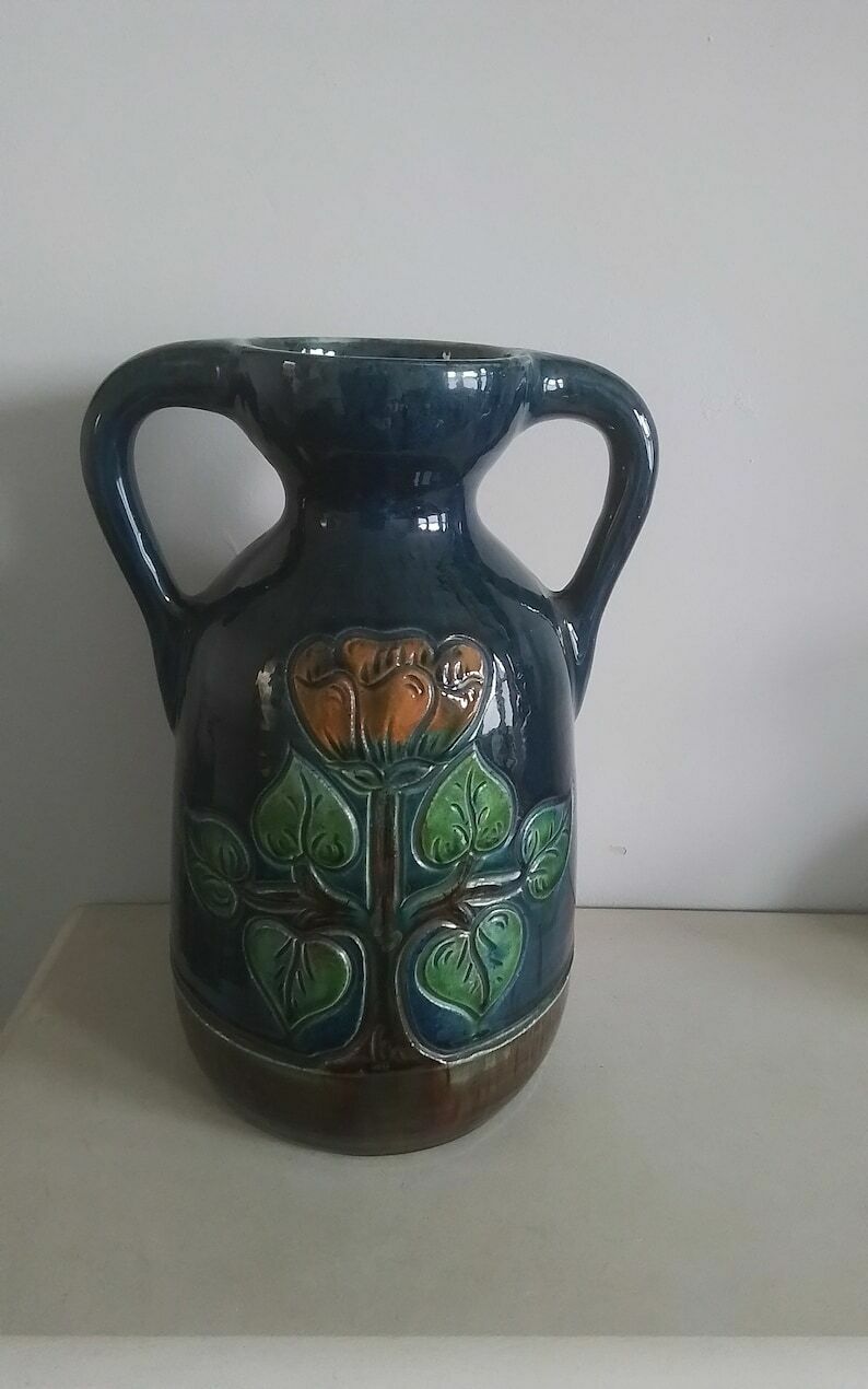 Vintage Large Blue With Flieal Motif Glazed Belgium Ceramic Vase 23/215 photo buy