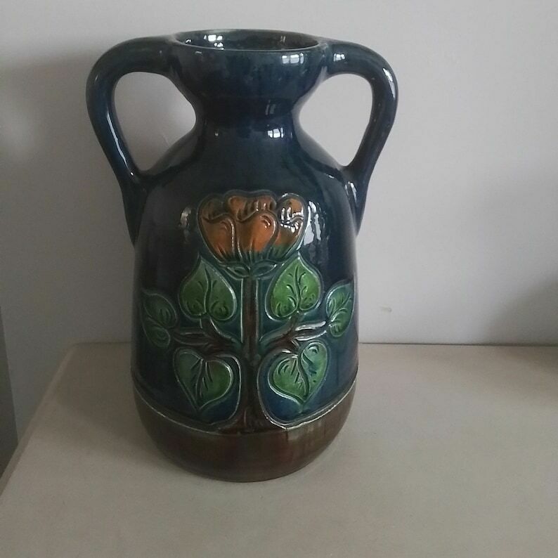 Vintage Large Blue With Flieal Motif Glazed Belgium Ceramic Vase 23/215 photo vintage