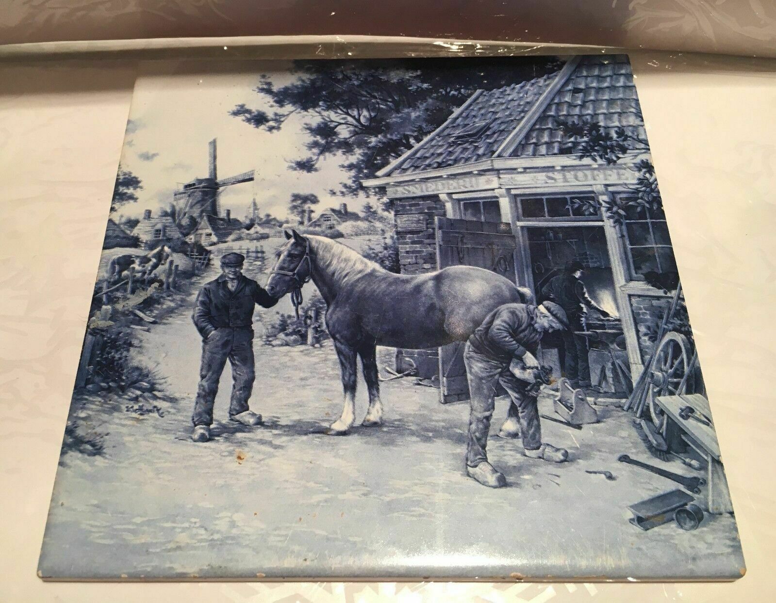 Delft Holland Ter Steege Bv Tile    Windmill Horse Farrier Pattern    1984