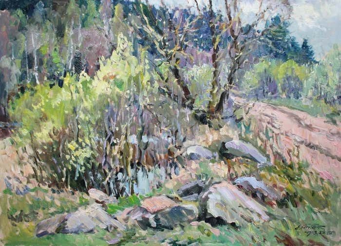 Edgars Vinters Boulders Near The Field. 1983, Cardboard, Oil, 68x94 Cm