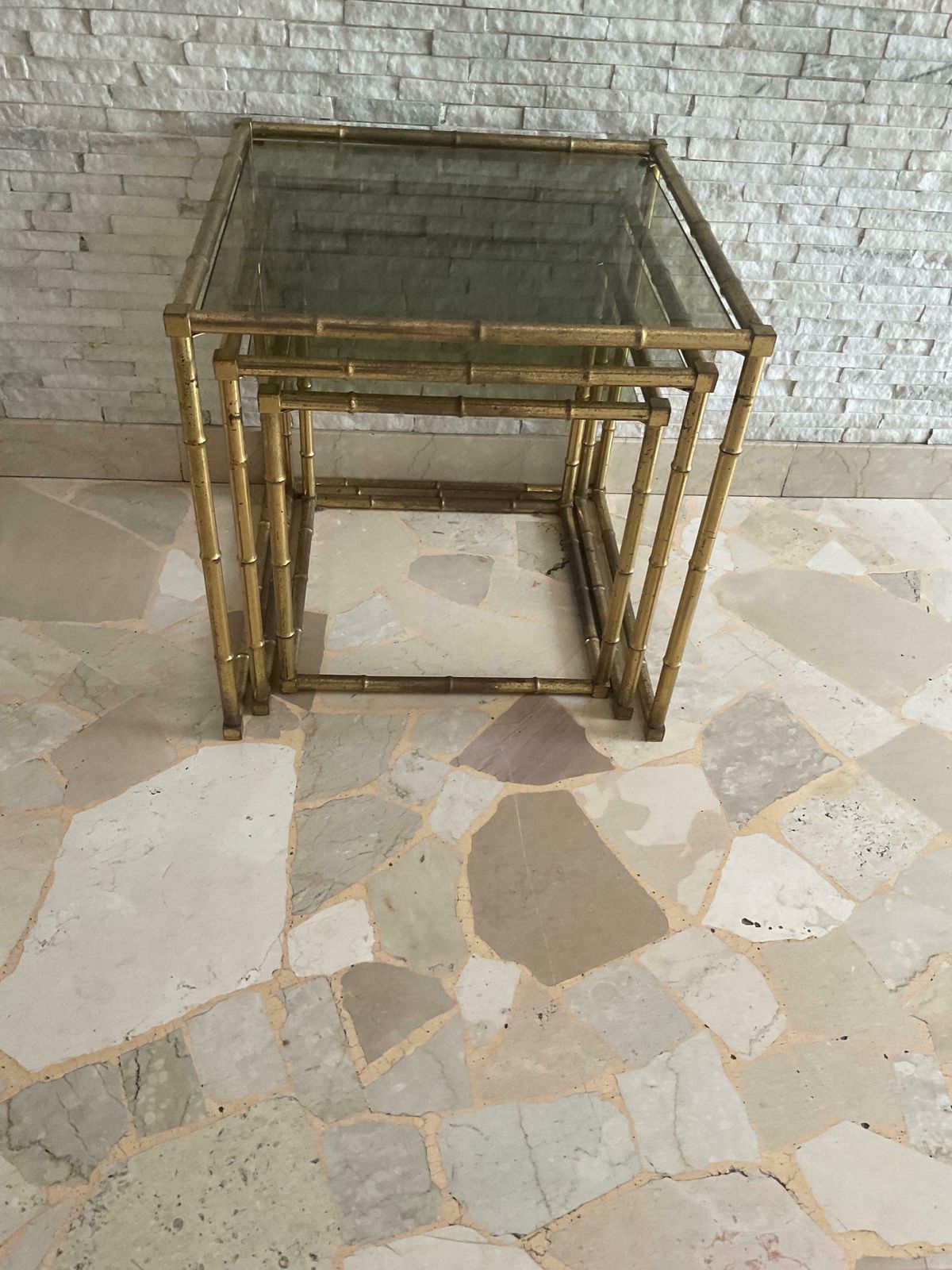 Set Of 3 Interlocking Brass And Glass Coffee Tables 1960s photo for sale
