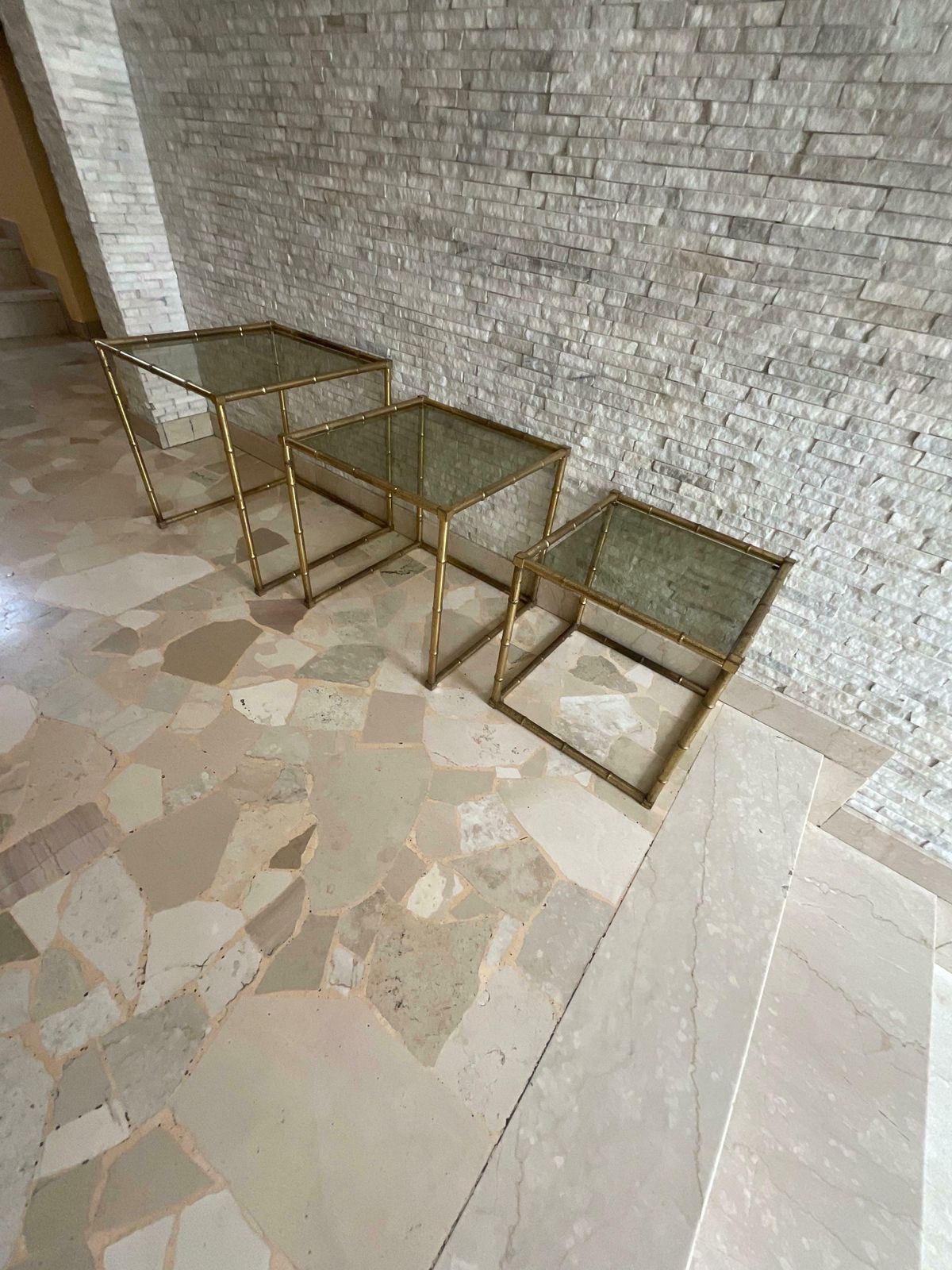 photo buy Set Of 3 Interlocking Brass And Glass Coffee Tables 1960s