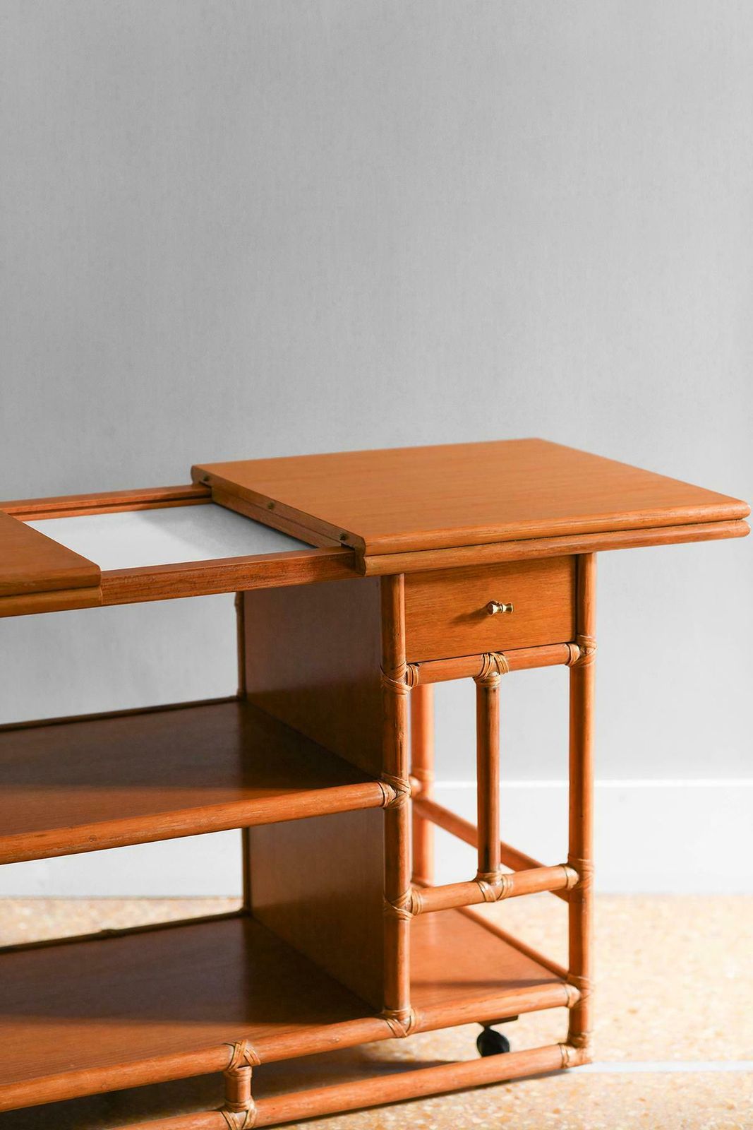 1970s Mcguire Cart Server Buffet In Rattan With Extendable Wooden Top And Wheels photo vinterior