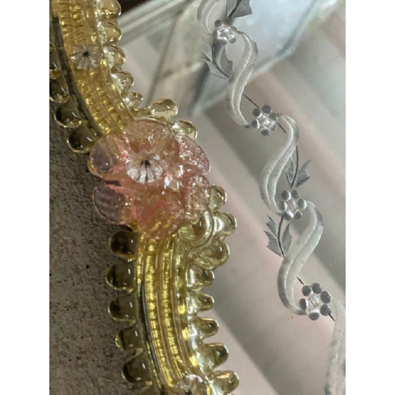 2000s Venetian Oval Gold And Pink Floreal Hand Carving Mirror In Murano Glass Style photo Home Decor