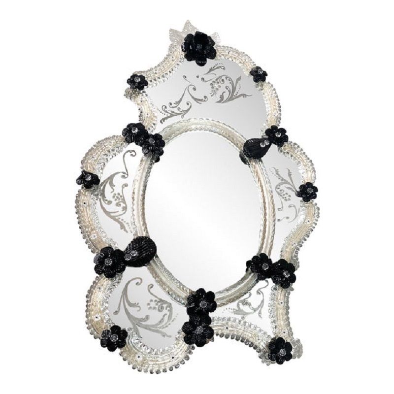 Venetian Black Floreal Hand Carving Mirror In Murano Glass Style