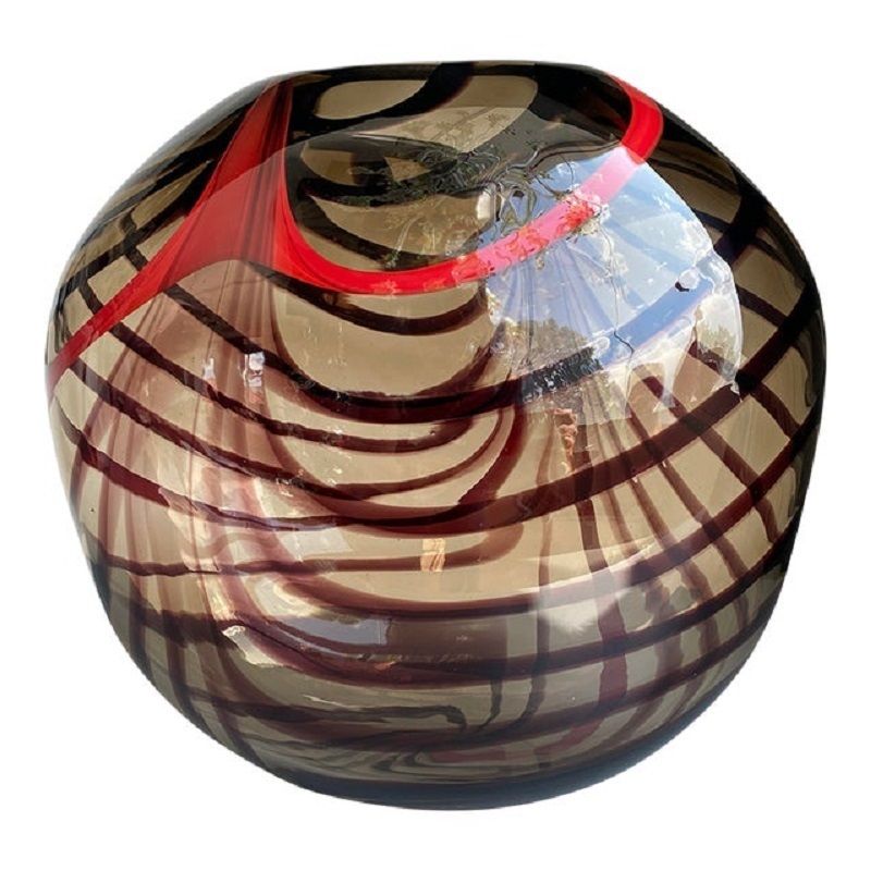 Abstract Vase In Fumè Murano Glass And Red Reeds