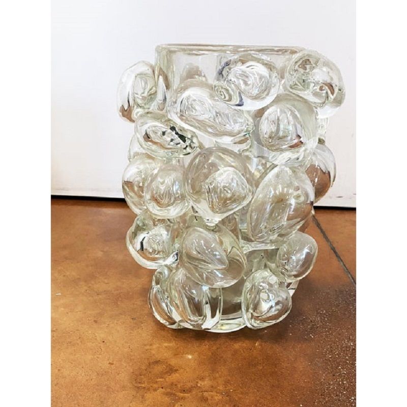 Contemporary Transparent Murano Glass Vase Hand Blown With Bubbles photo vintage
