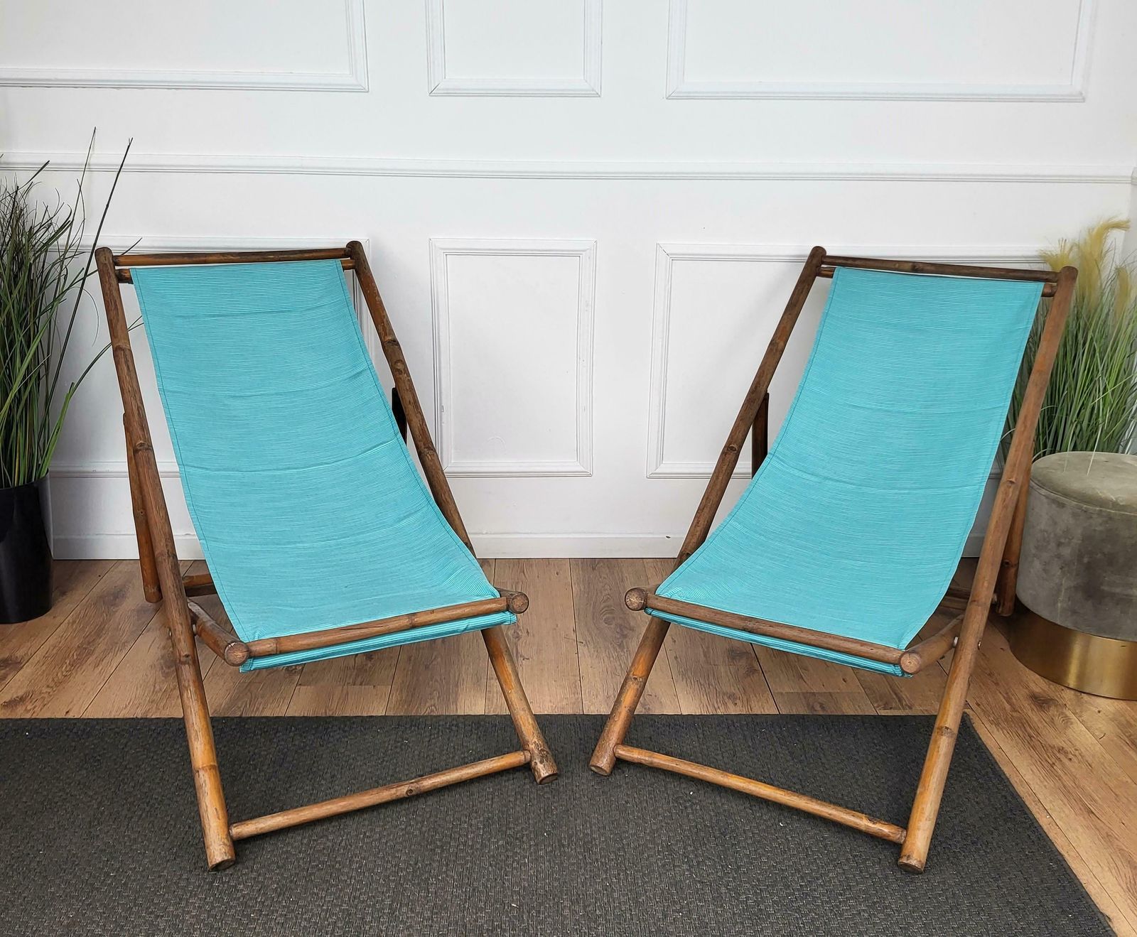 Transat Folding Deck Chair Patio Lounger, Chaise Longue, Bambo Wood And Fabric photo furniture