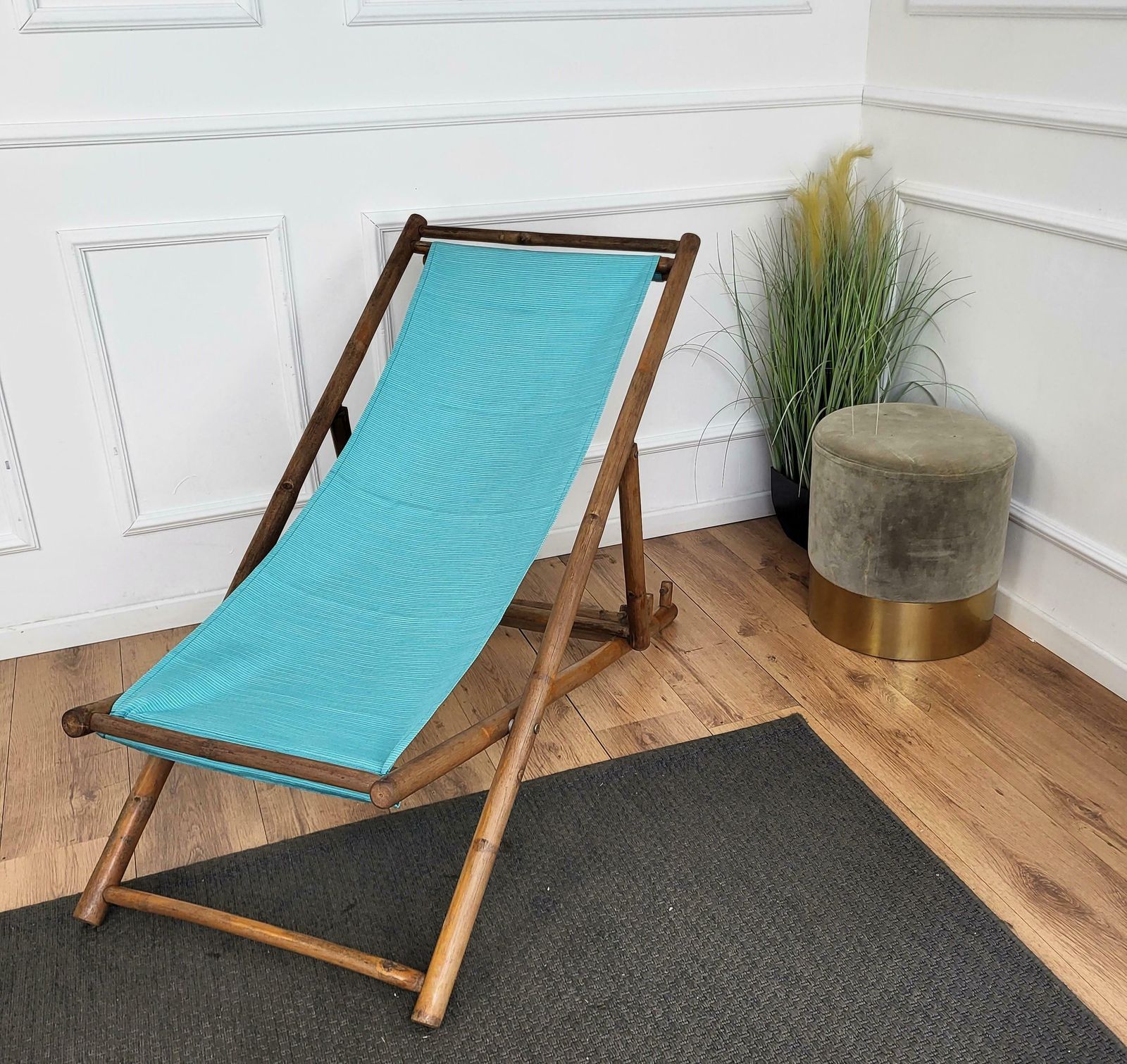 Transat Folding Deck Chair Patio Lounger, Chaise Longue, Bambo Wood And Fabric photo for sale