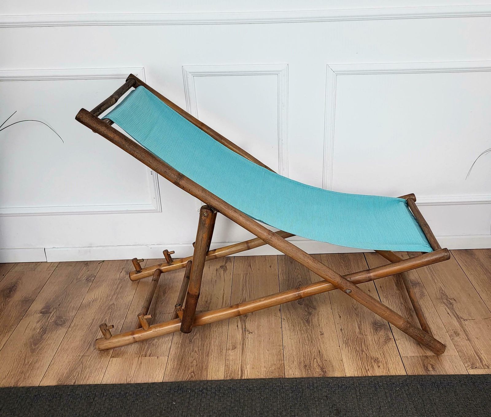 Transat Folding Deck Chair Patio Lounger, Chaise Longue, Bambo Wood And Fabric photo Furniture