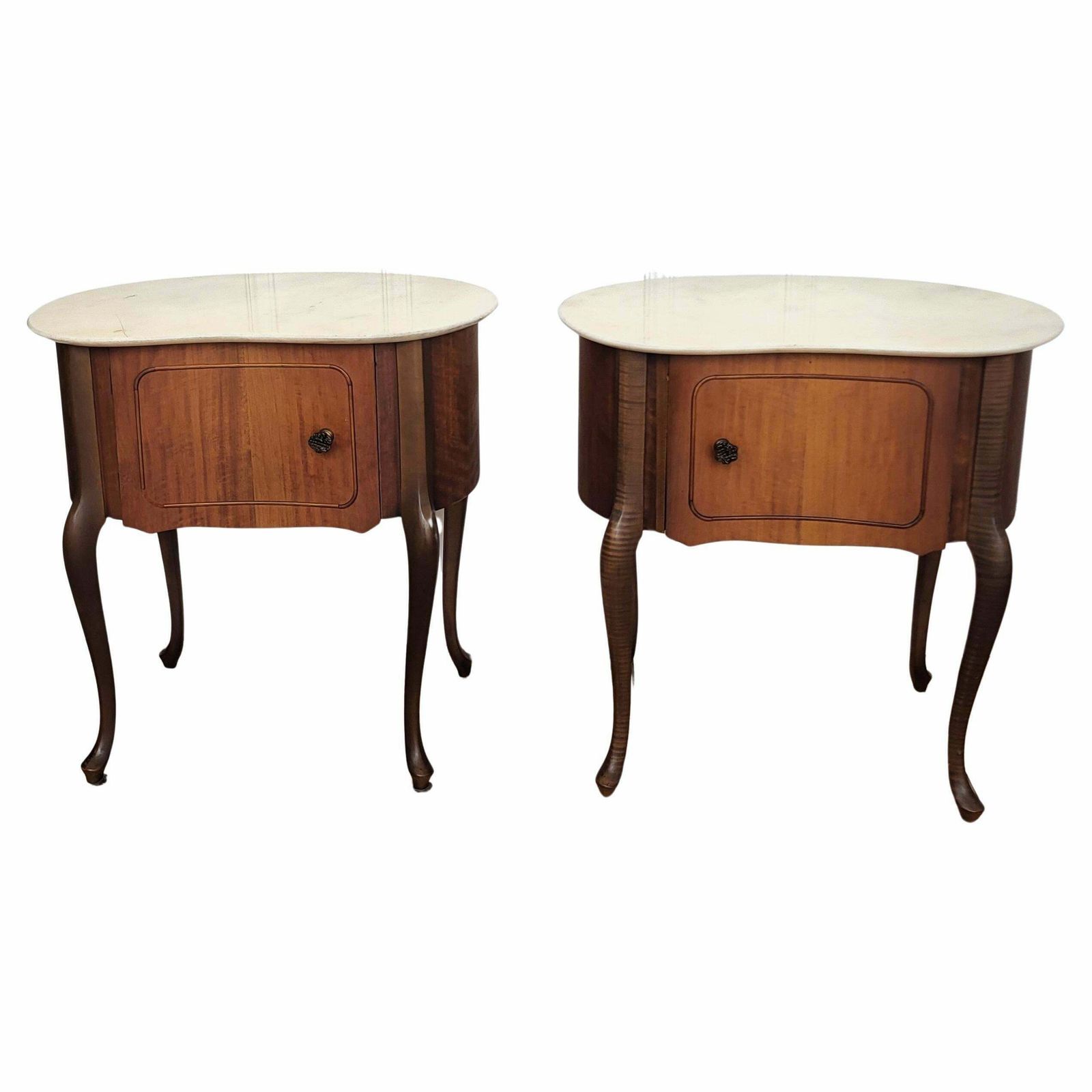 Pair Of Italian Art Deco Kidney Shaped Night Stands Bedside Tables Marble Top