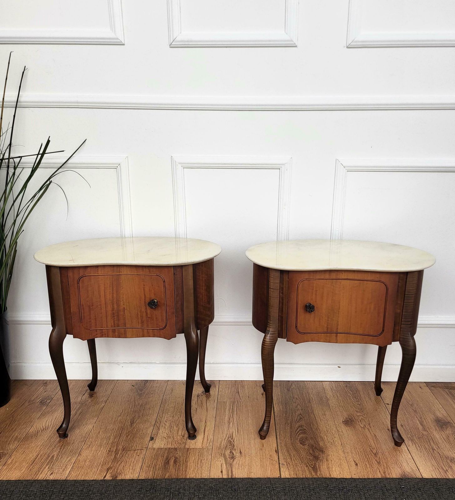 Pair Of Italian Art Deco Kidney Shaped Night Stands Bedside Tables Marble Top photo for sale