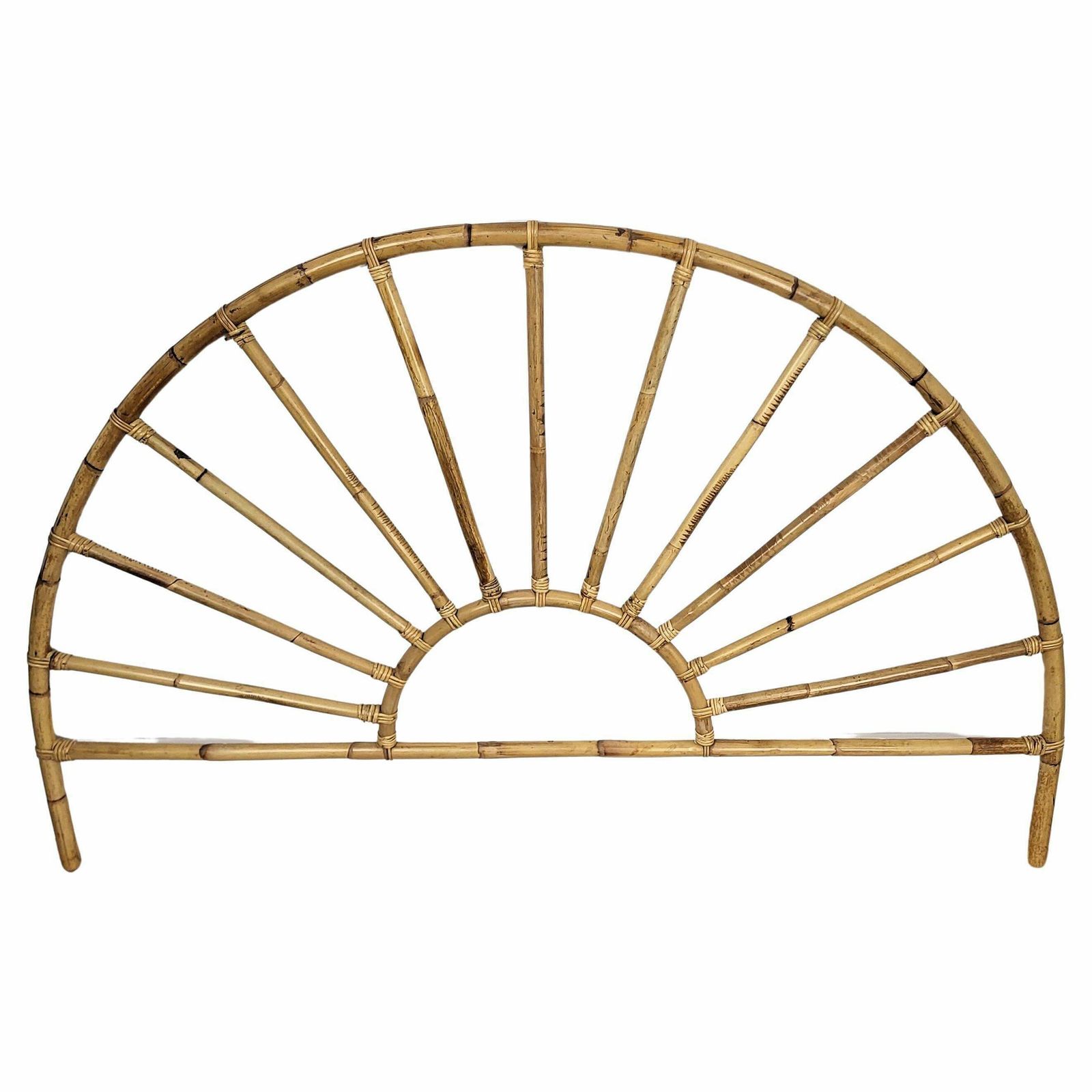 1970s Italian Bamboo Rattan Bohemian French Riviera Peacock Bed Frame Headboard