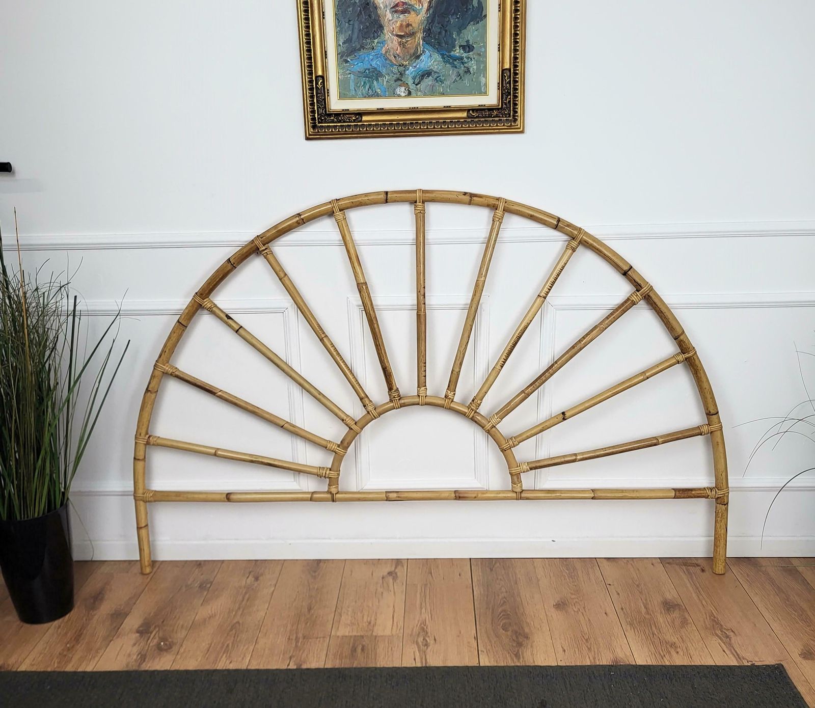 1970s Italian Bamboo Rattan Bohemian French Riviera Peacock Bed Frame Headboard photo furniture