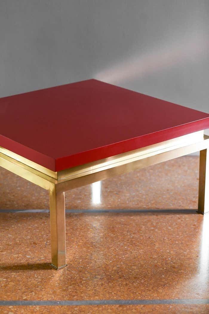 China Red Lacquered Coffee Table With Brass Structure Tommaso Barbi Italy 1980 photo for sale