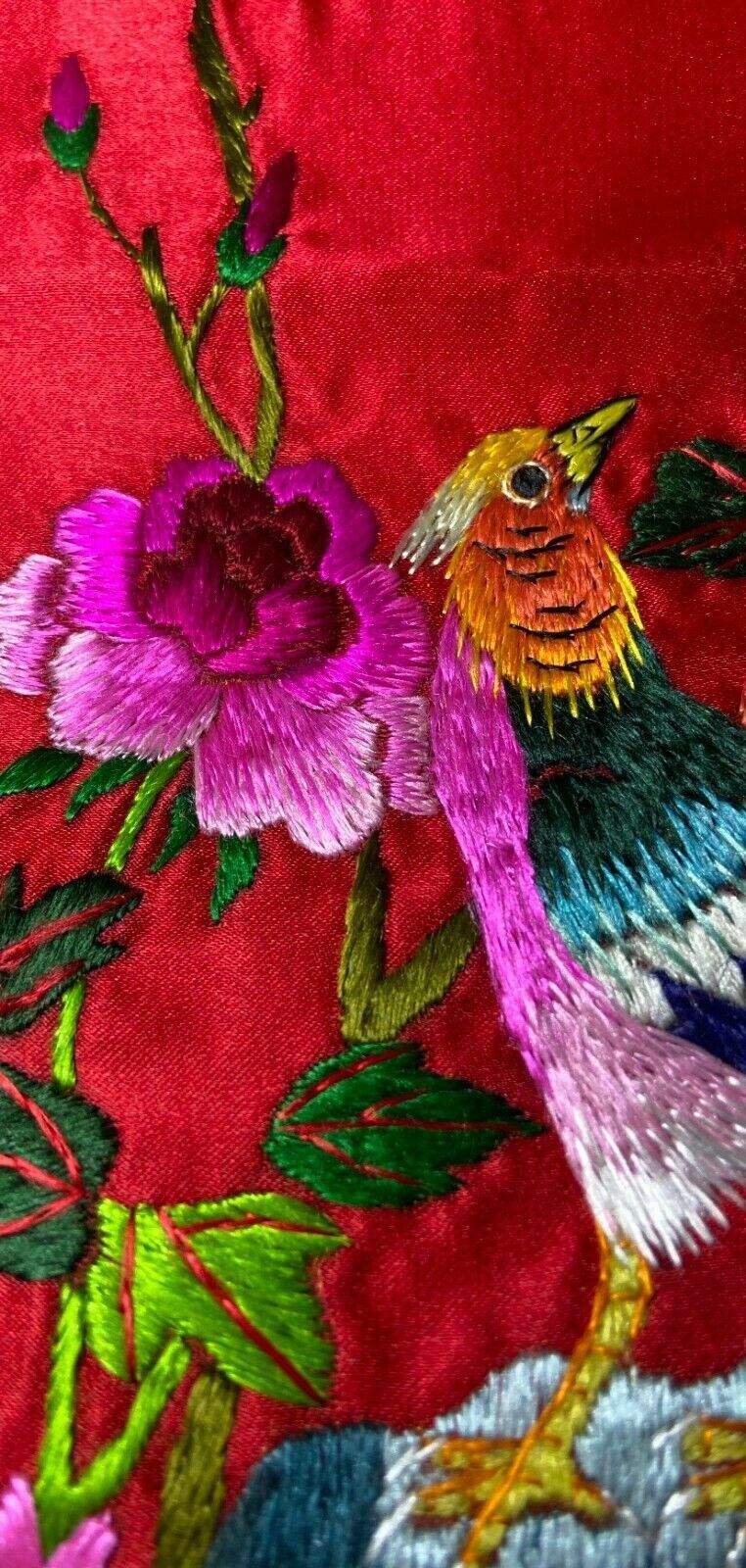 Antique Chinese Silk Hand Embroidery With A Pair Of Birds, Mudan Flower And Ston photo vinterior