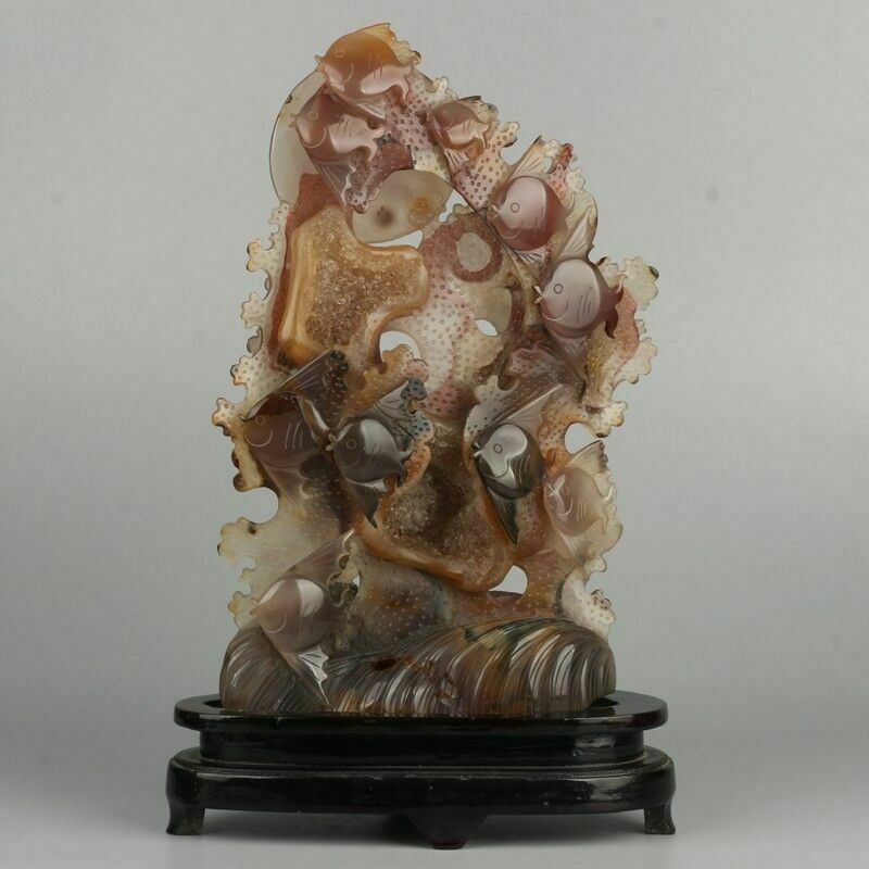 Chinese Agate Carved 8 Golden Fishes Figure
