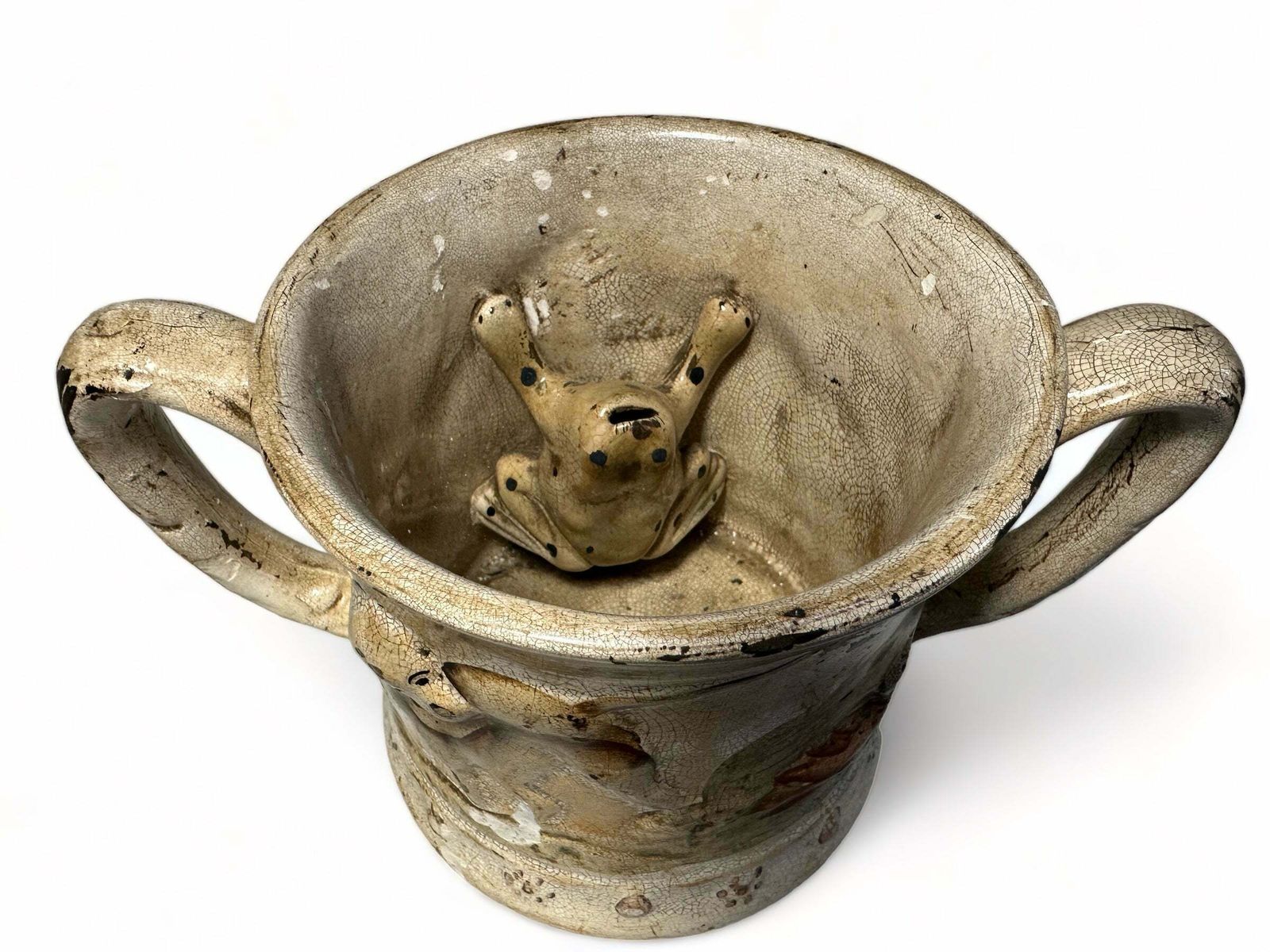 Early Antique Staffordshire Earthenware Pottery Double Handled Toad Mug With Hunting Dogs/Scenes Circa 1775