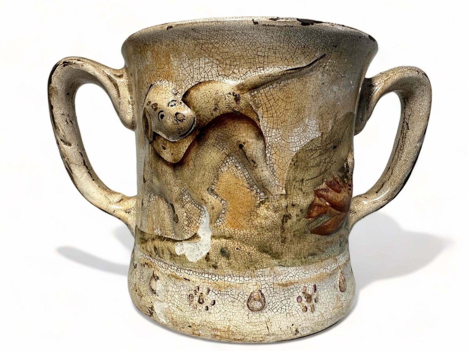 Early Antique Staffordshire Earthenware Pottery Double Handled Toad Mug With Hunting Dogs/Scenes Circa 1775 photo buy