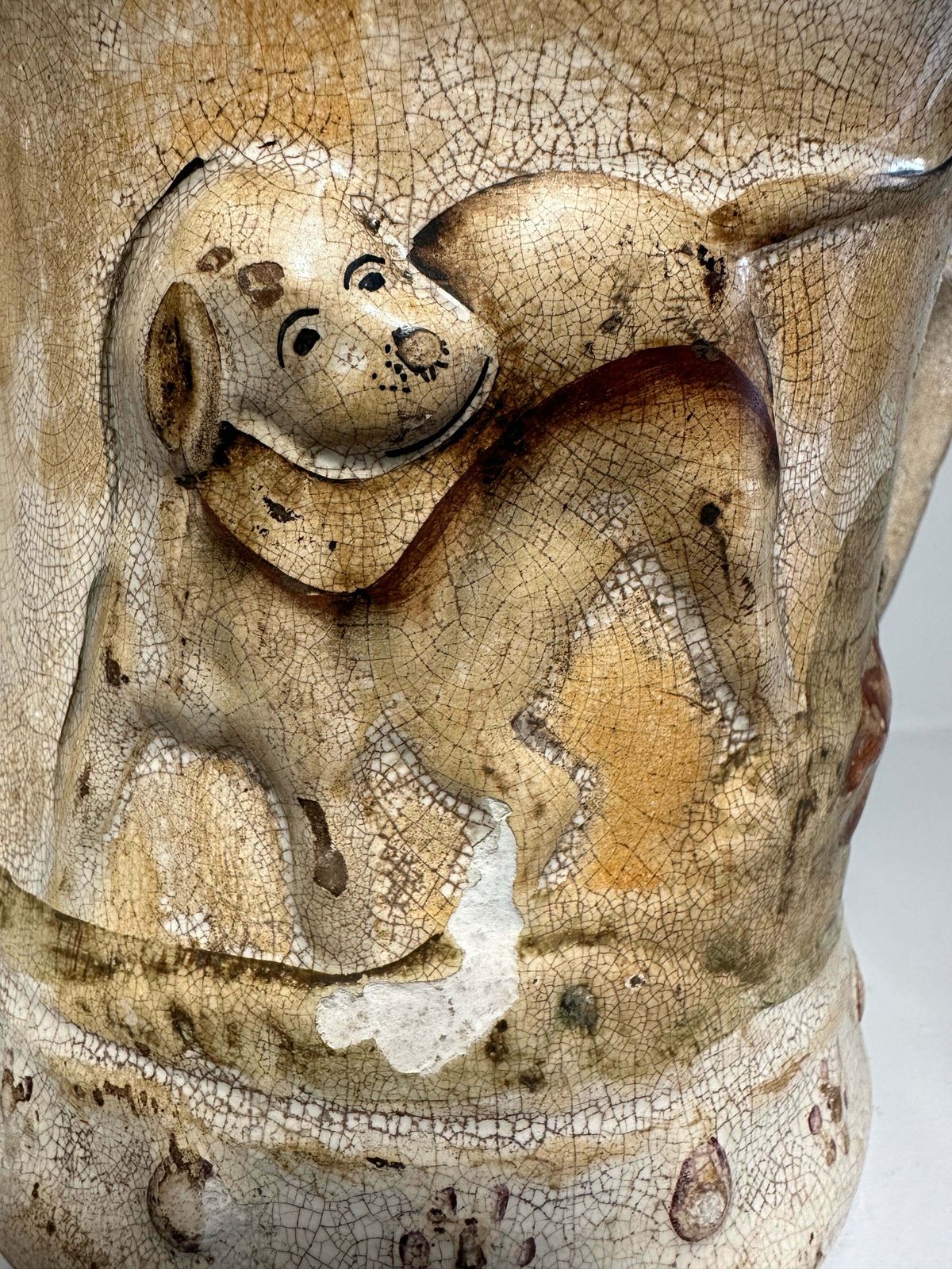 710.0 Early Antique Staffordshire Earthenware Pottery Double Handled Toad Mug With Hunting Dogs/Scenes Circa 1775 photo