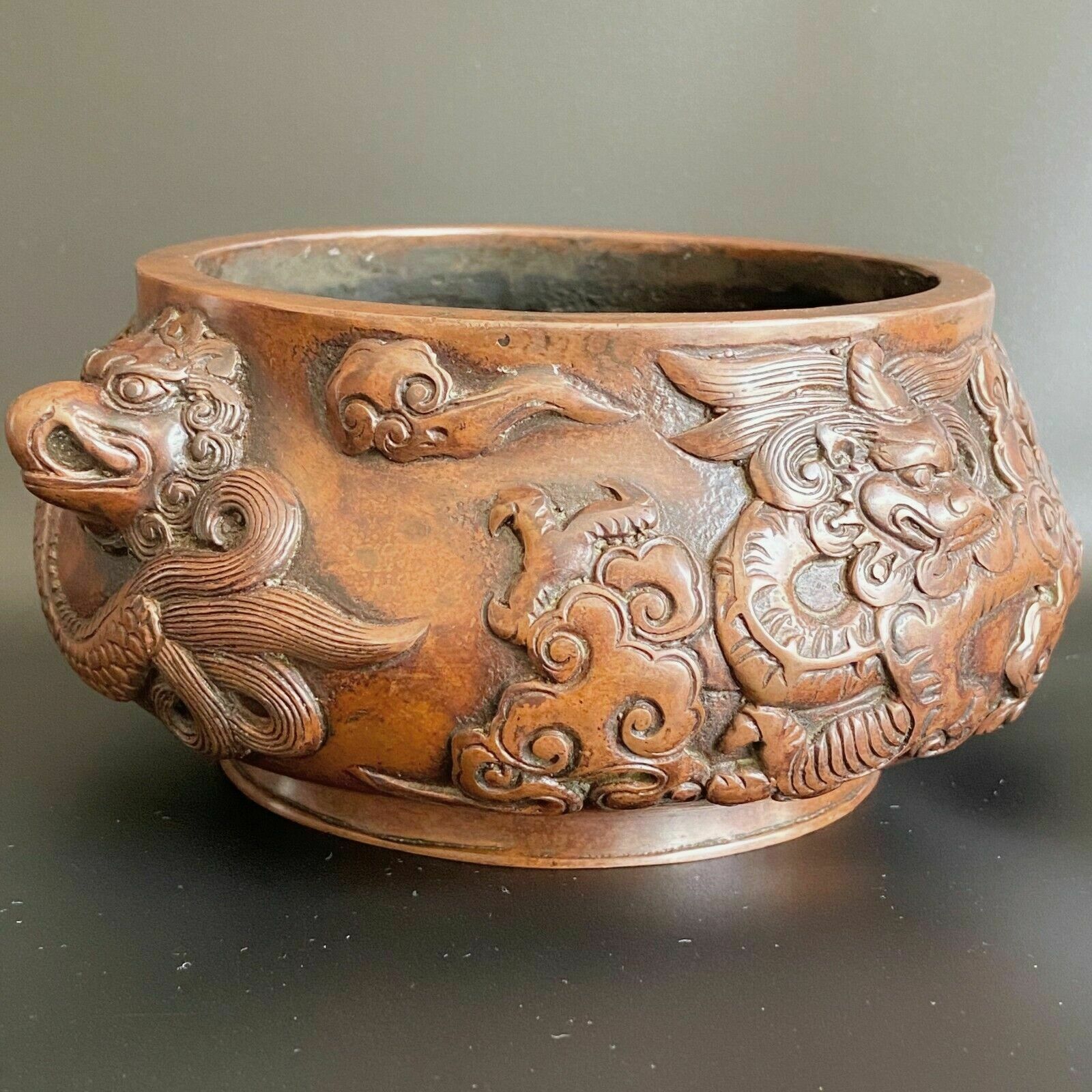 Chinese Bronze Incense Burner Censer Decorated Relief Archaic Dragon And Beast photo buy