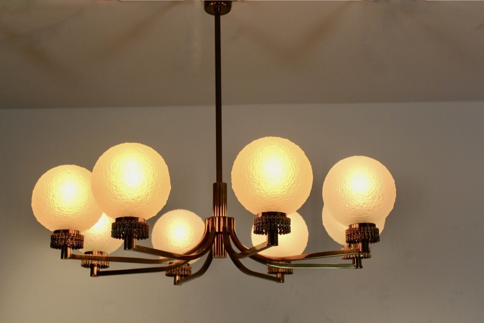 French Brass And Frozen Glass Chandelier photo for sale