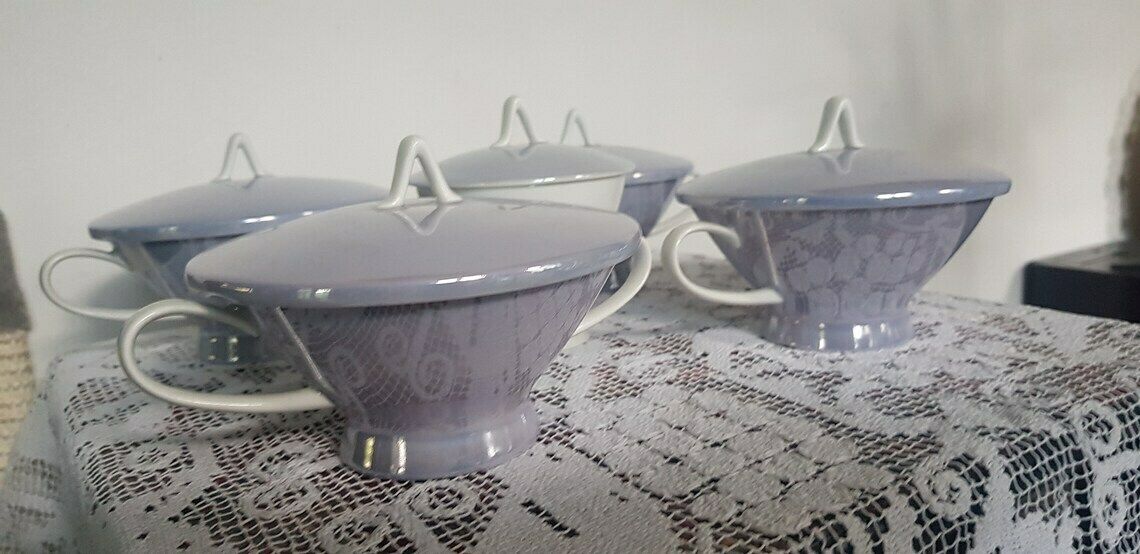 4 Rosenthal Form 2000 Double Handled Soup Bowl And Saucer By Raymond Loewy, West Germany. 1954 Mid Century Modern German Porcelain. photo for sale