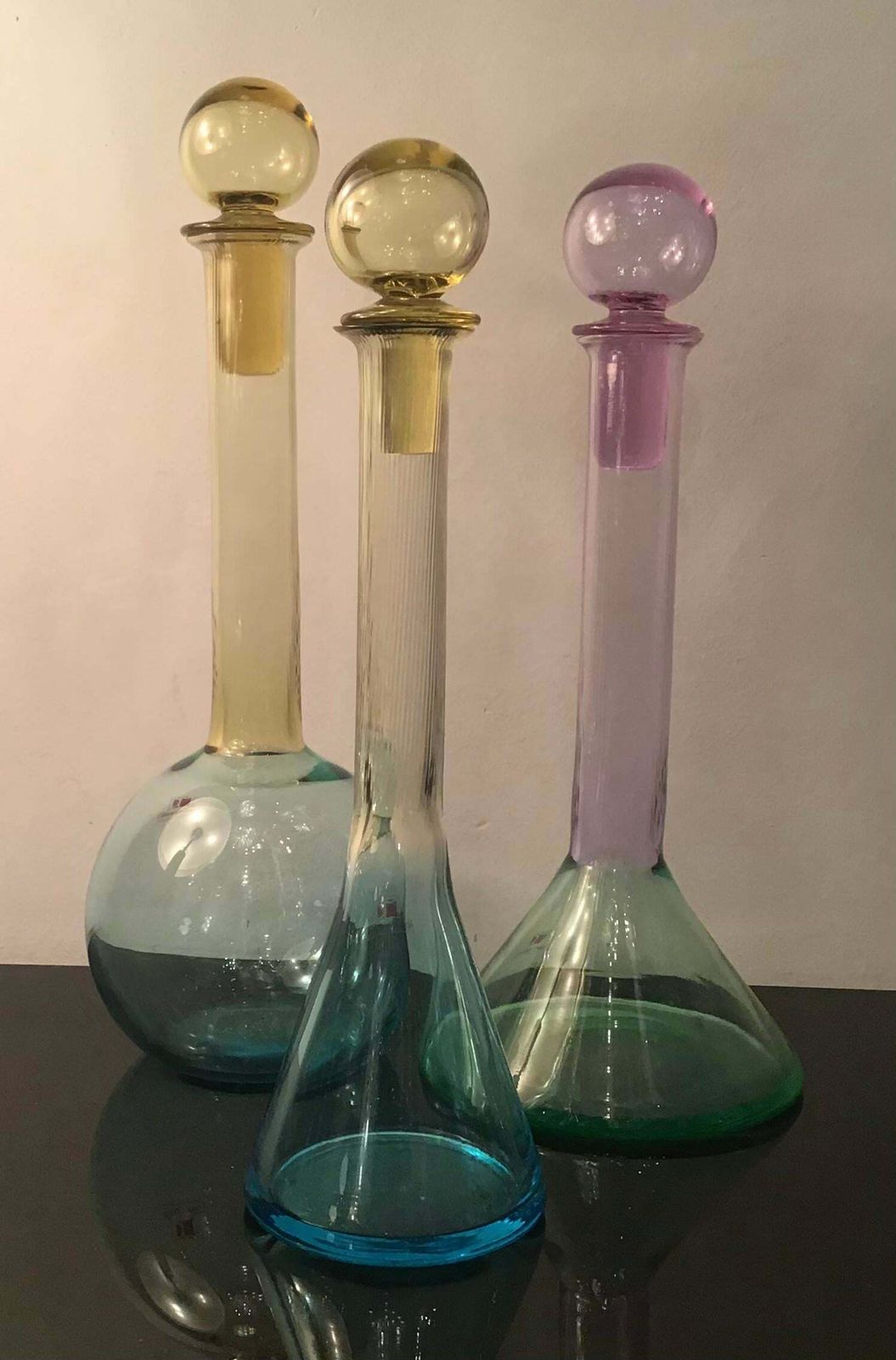 Carlo Moretti Set Of 3 Red White Rose' Wine Bottles Murano Glass 1970 Italy photo Home Decor