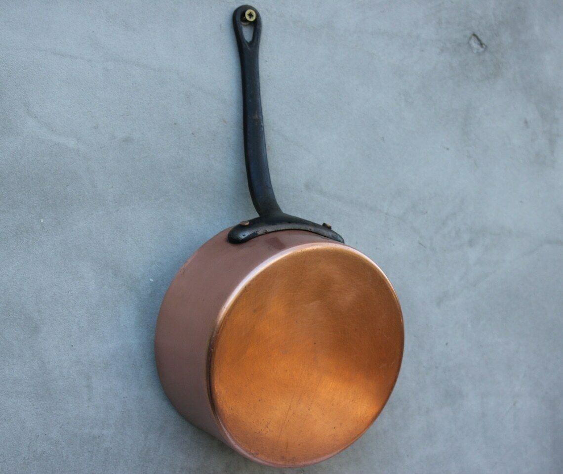 Vintage Copper Pans, Set Of Seven Saucepans With Metal Handles, Rustic Kitchen Utensils And Decoration photo vinterior