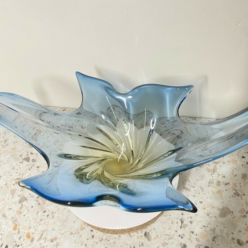 Large Murano Center Bowl In Blue And Amber Sommerso Technique photo vintage
