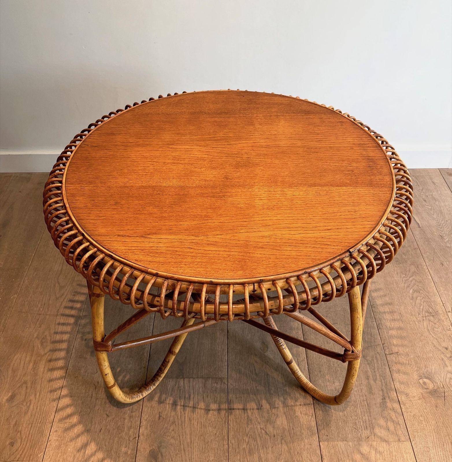 Round Rattan Coffee Table In The Taste Of Franco Albini