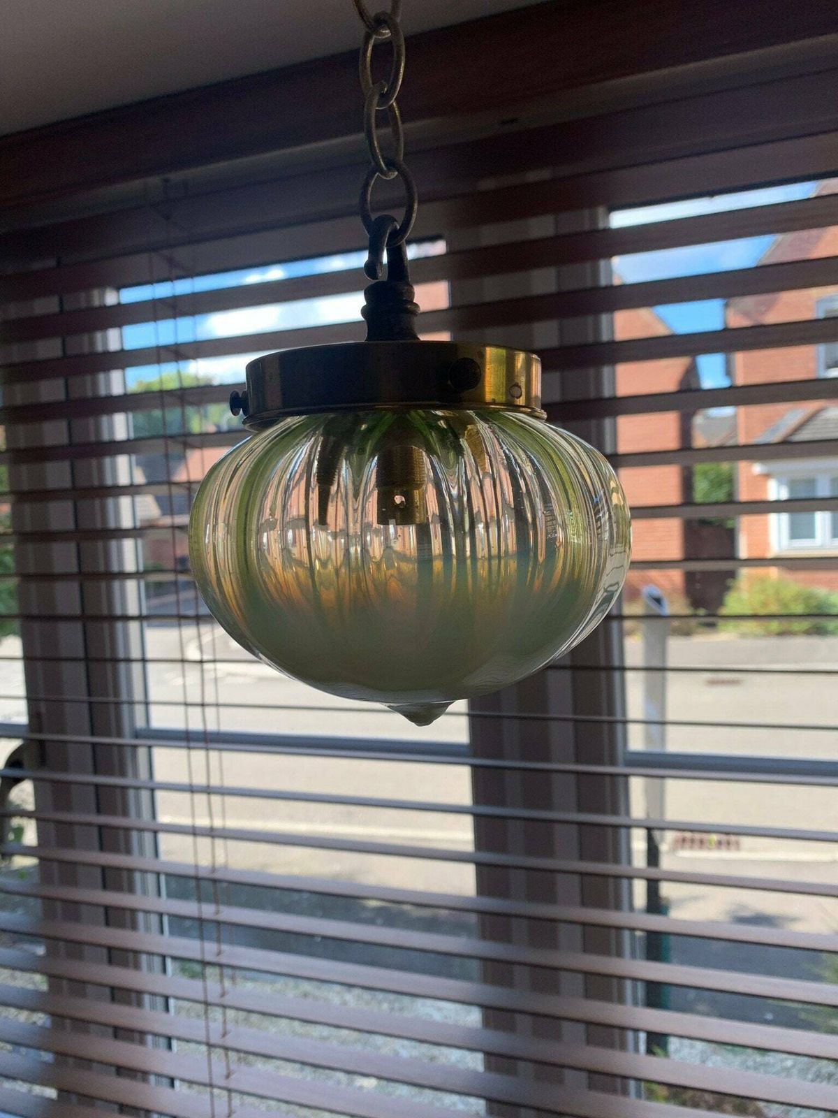 Original Victorian Art Nouveau Uranium Vaseline Glass Porch/Pendant Light Shade Only photo furniture