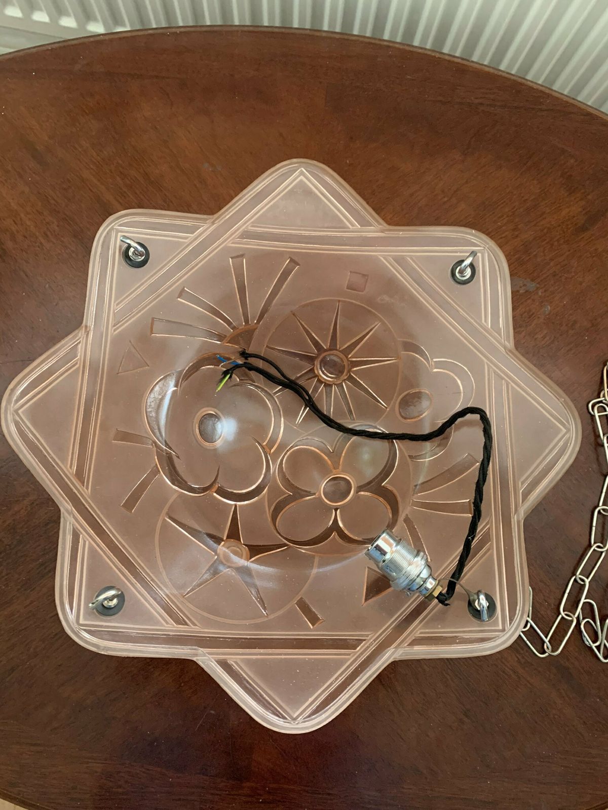 Seriously Gorgeous Original Antique Art Deco Plaffonier/Flycatcher/Cauldron/Chandelier By Degue In Frosted Pink Glass. Superb photo vinterior