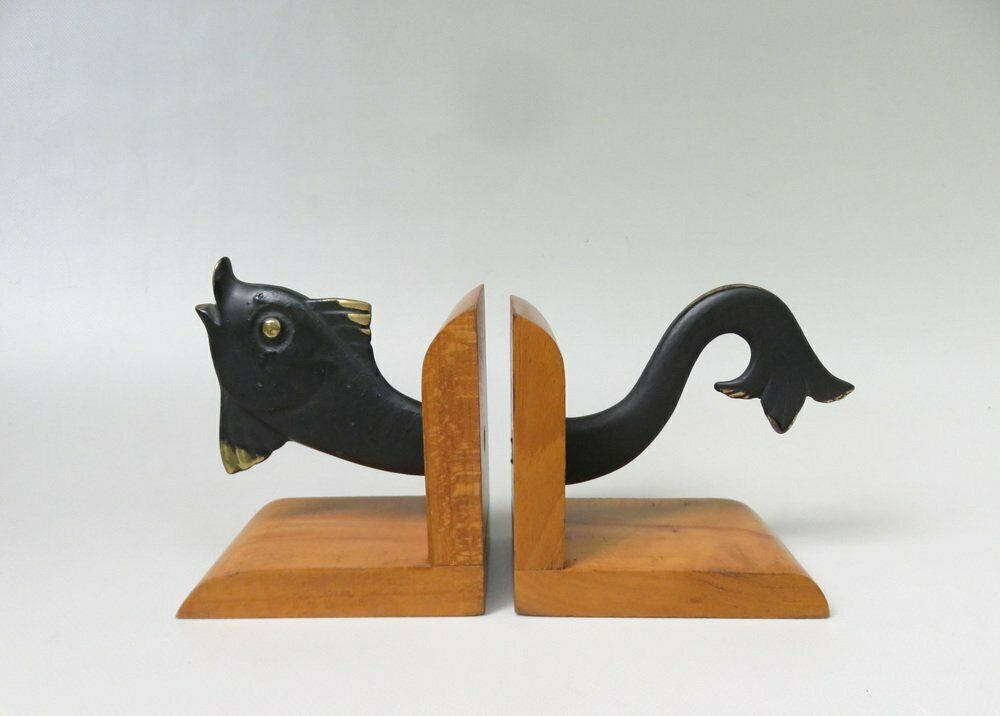 Fish Bookends In Bronze Black And Teak In The Style Of Walter Bosse 1950s Set Of 2