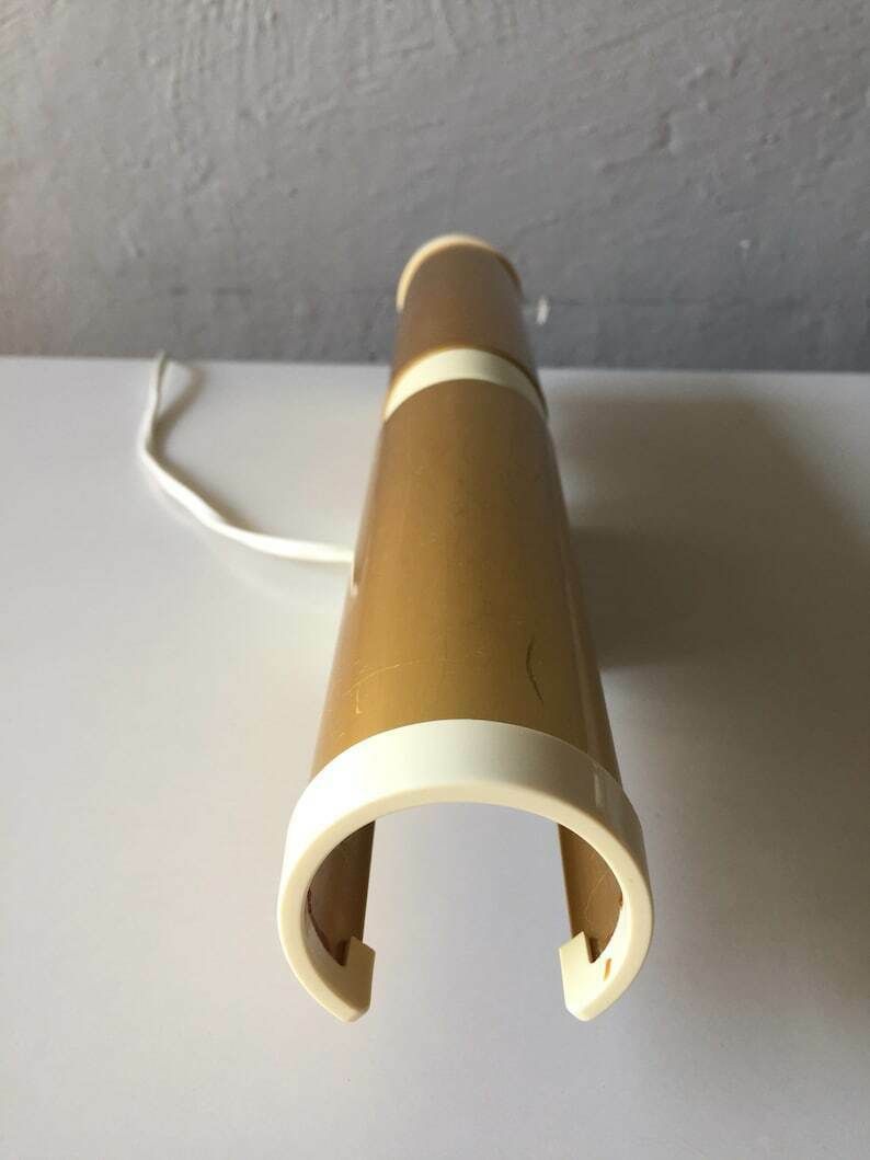 photo for sale Erco 70s Pair Of Wall Sconces   Gold Coloured Metal Body   Plastic Base   Twin Head German Lighting