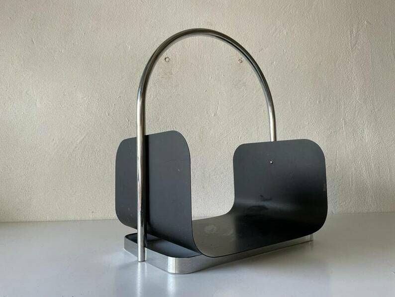 Modernist Arc Shaped Chrome And Black Metal Magazine Stand, 1970s, Germany