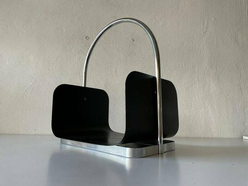 Modernist Arc Shaped Chrome And Black Metal Magazine Stand, 1970s, Germany photo furniture