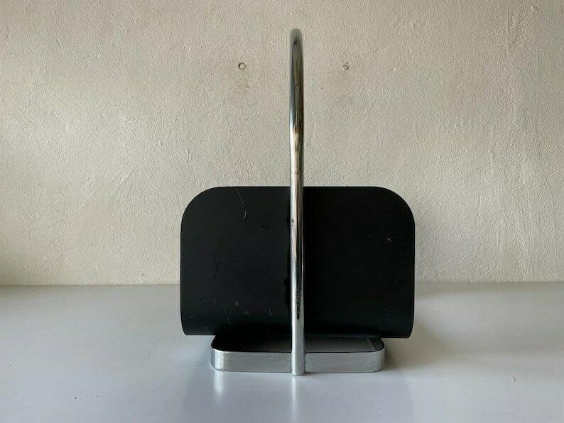Modernist Arc Shaped Chrome And Black Metal Magazine Stand, 1970s, Germany photo vintage