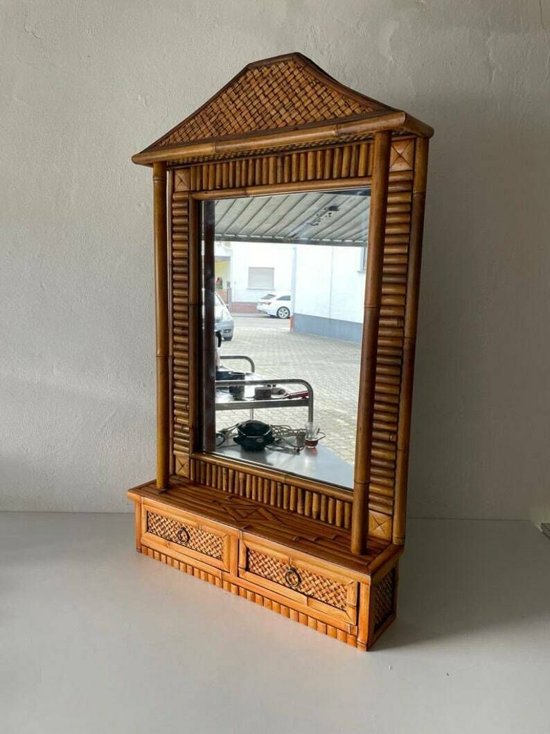 Beautifully Hand Crafted Bamboo Xl Wall Mirror With 2 Drawers, 1960s