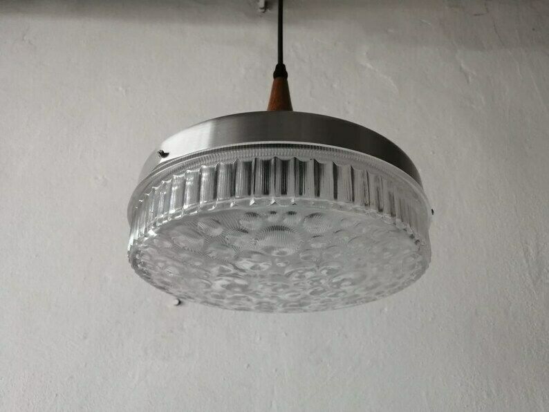 photo furniture Bubble Glass & Metalic Body Ceiling Lamp   Teak Top Detail   1960s Germany