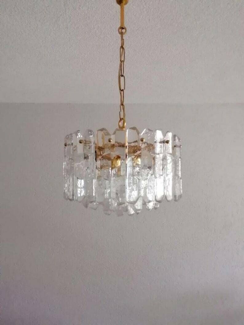 J. T. Kalmar   Franken Kg Ice Glass & Brass Chandelier   1970s Austria