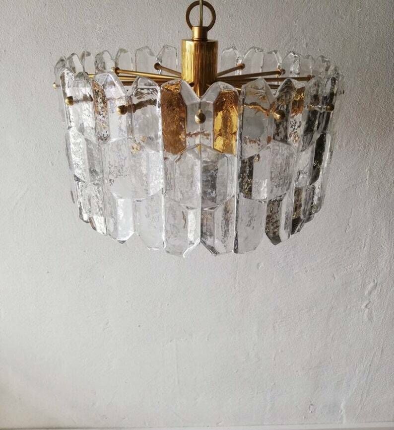 J. T. Kalmar   Franken Kg Ice Glass & Brass Chandelier   1970s Austria photo for sale
