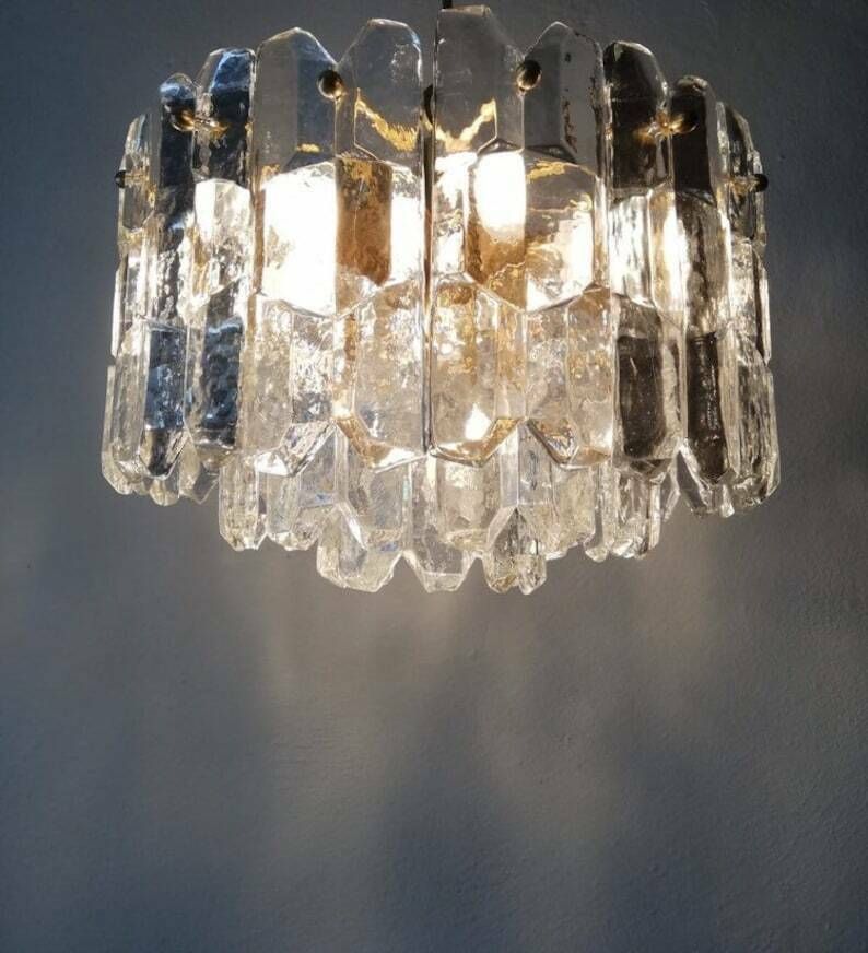 J. T. Kalmar   Franken Kg Ice Glass & Brass Chandelier   1970s Austria photo vintage