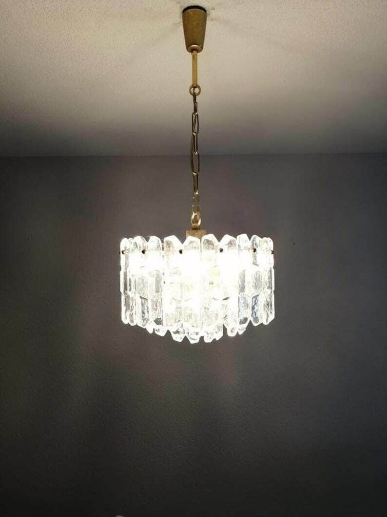 photo for sale J. T. Kalmar   Franken Kg Ice Glass & Brass Chandelier   1970s Austria