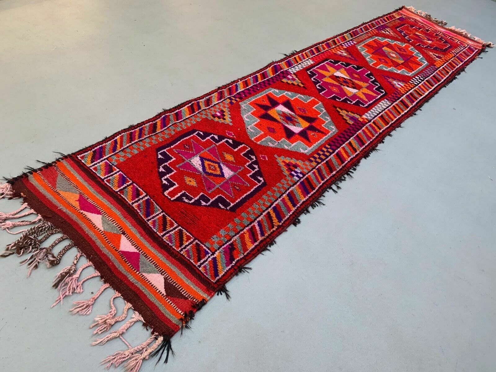 Vintage Turkish Tribal Runner 417x94 Cm Veg Dye Wool Rug Tribal, Handmade photo for sale