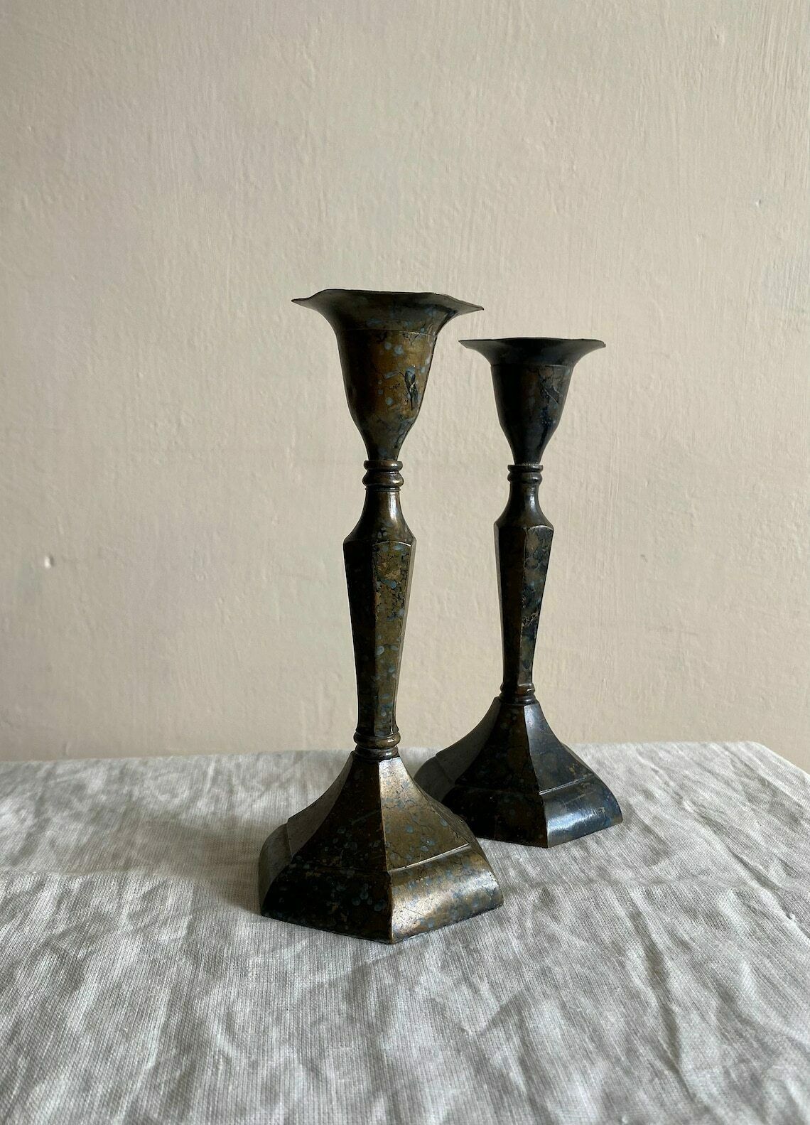 Pewter Wavy And Scalloped Candlesticks, Pair Of Vintage Metal Candlestick Holders