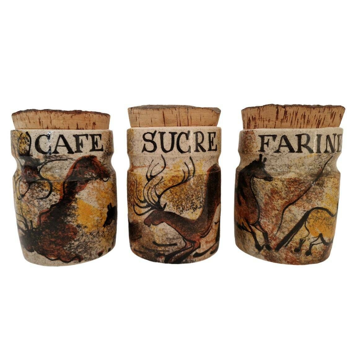 French Pottery Kitchen Canister Set With Cave Paintings Of Prehistoric Animals, Set Of 3, Flour, Sugar And Coffee Jars