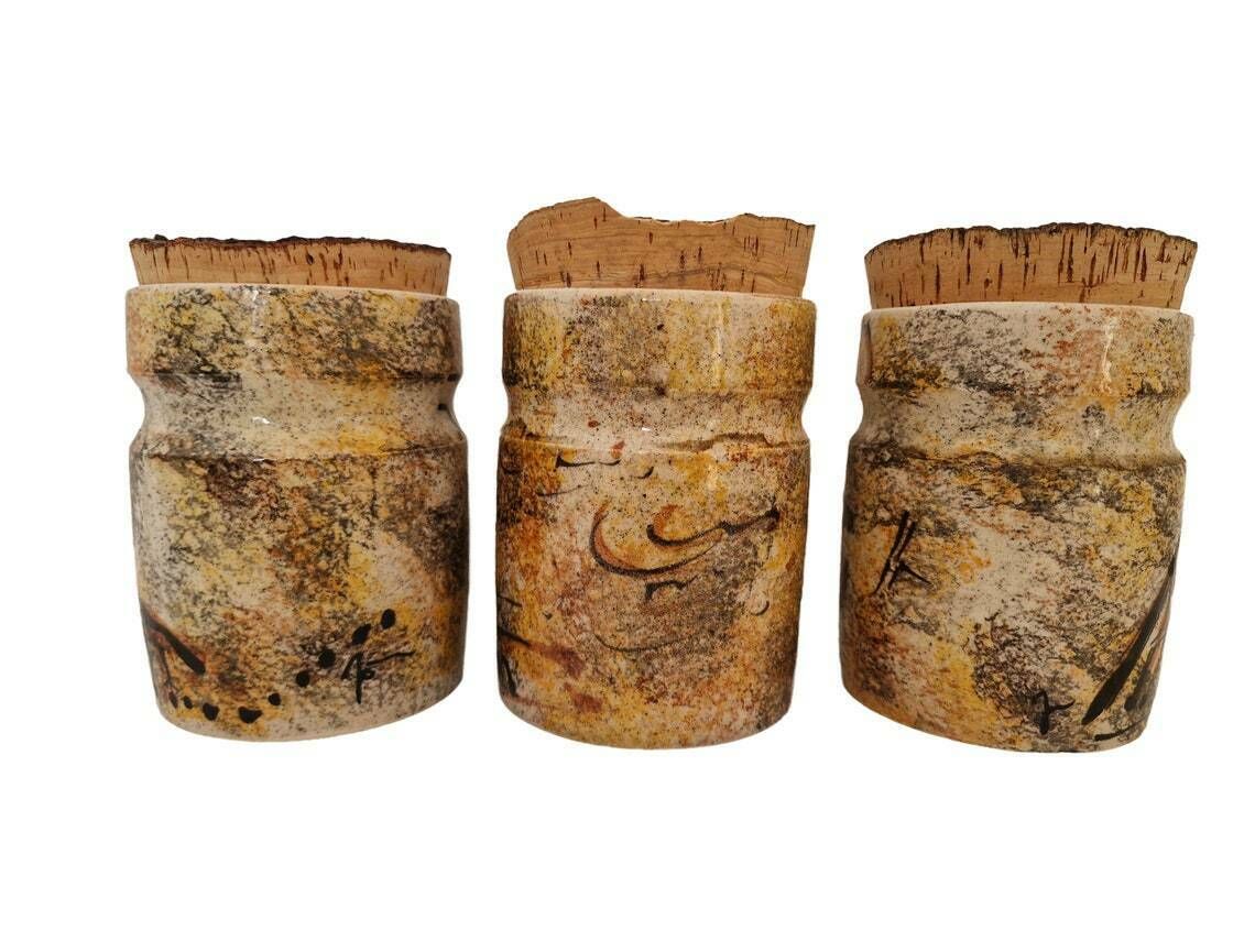 French Pottery Kitchen Canister Set With Cave Paintings Of Prehistoric Animals, Set Of 3, Flour, Sugar And Coffee Jars photo buy