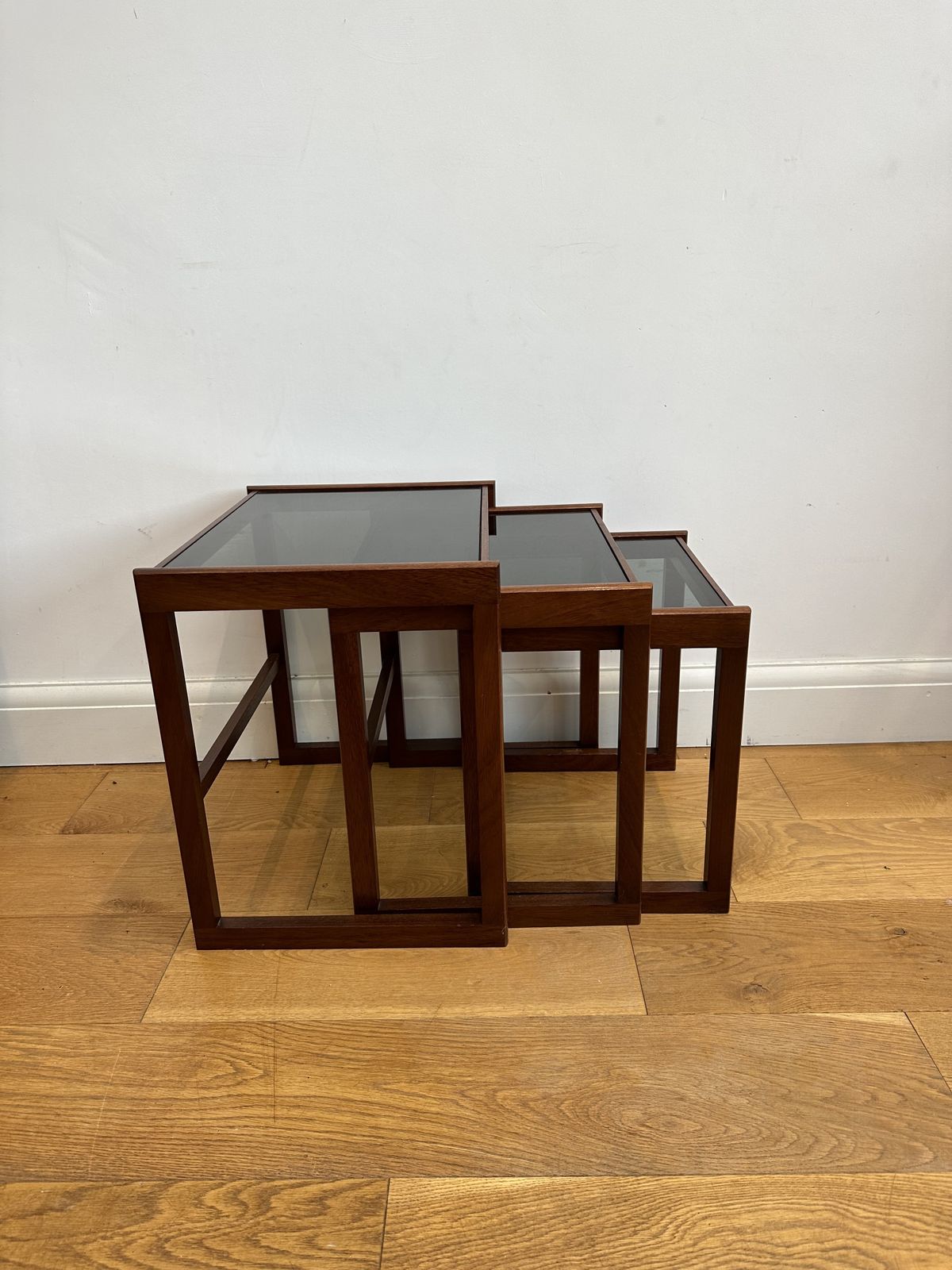 Rosewood  Danish Midcentury Smoked Glass Nest Of 3 Tables photo for sale