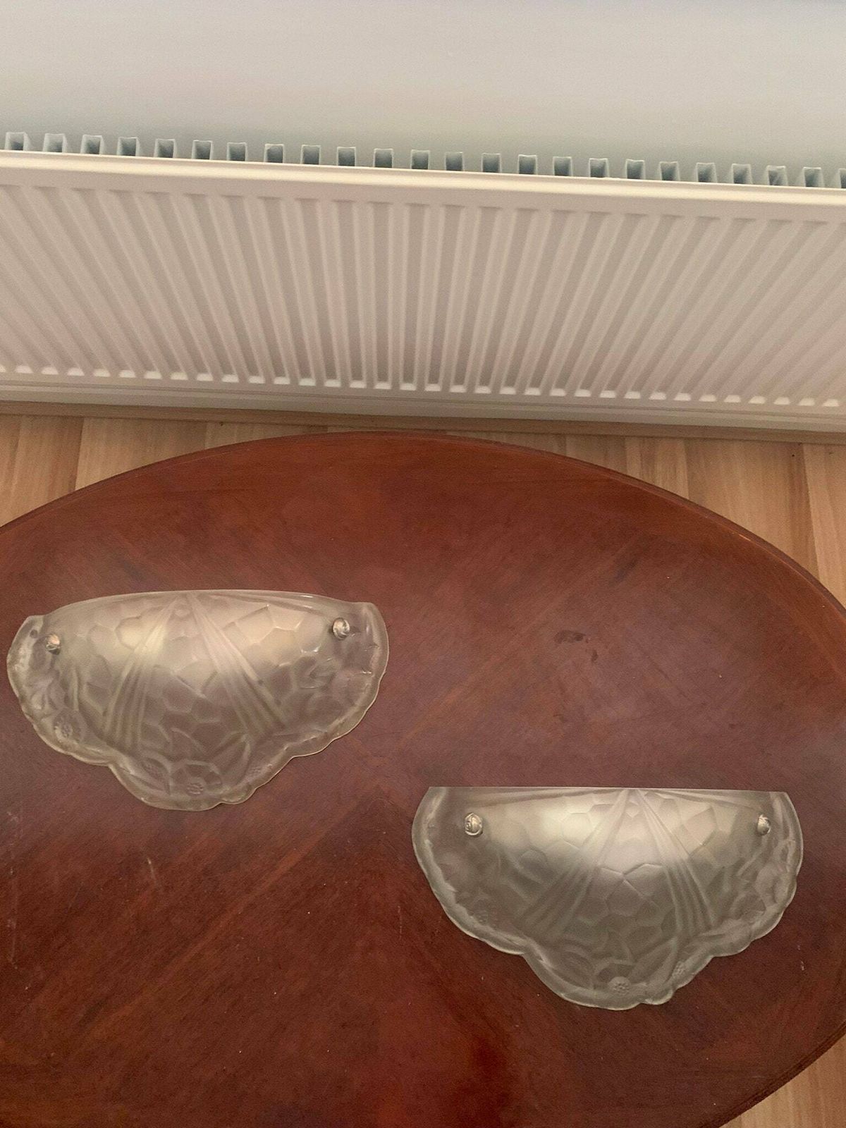An Original Antique Pair Of French Art Deco Pressed Frosted Glass Odeon Wall Lights/Sconces By Degue photo Lighting